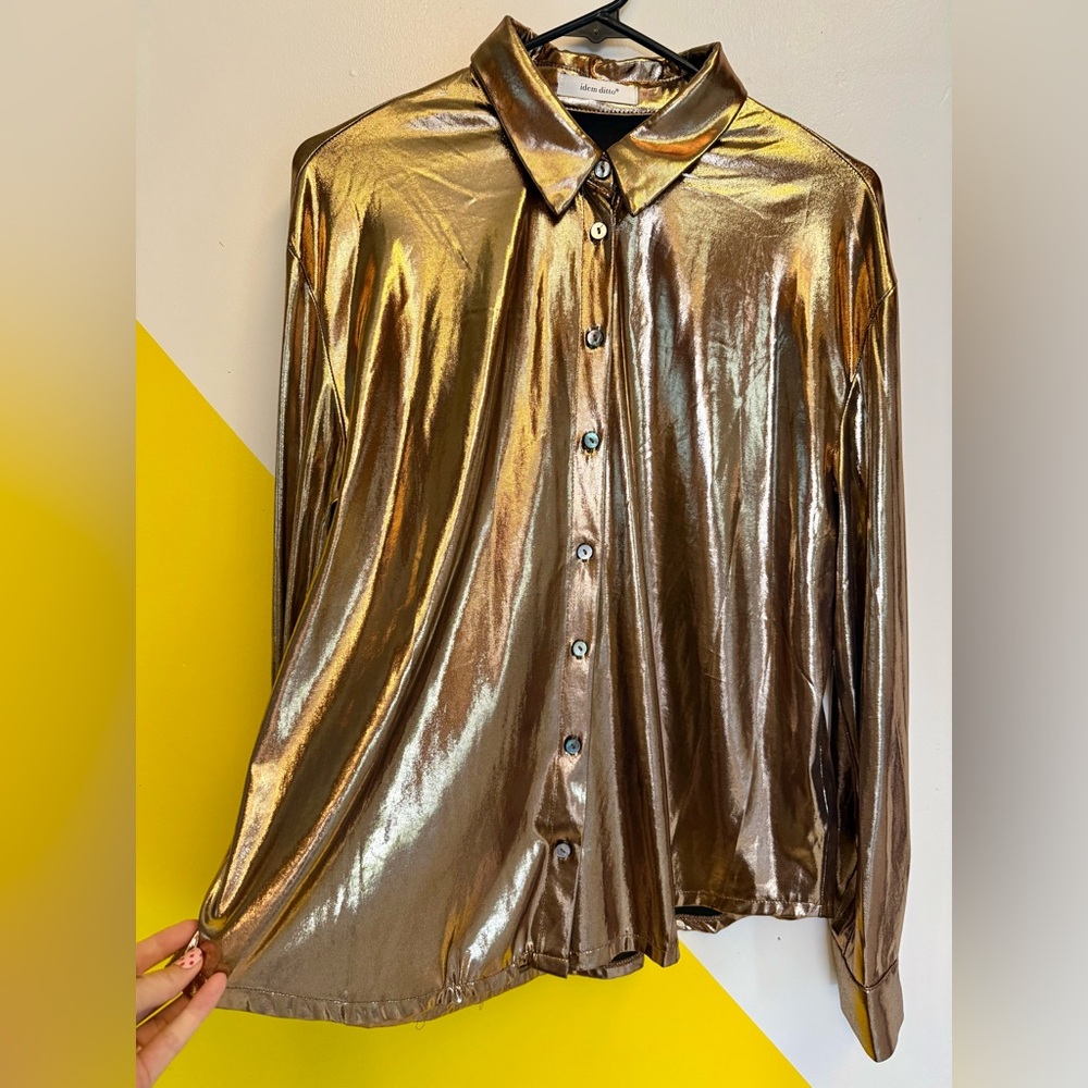 Dressed in LALA Metallic Gold Button-Up Shirt